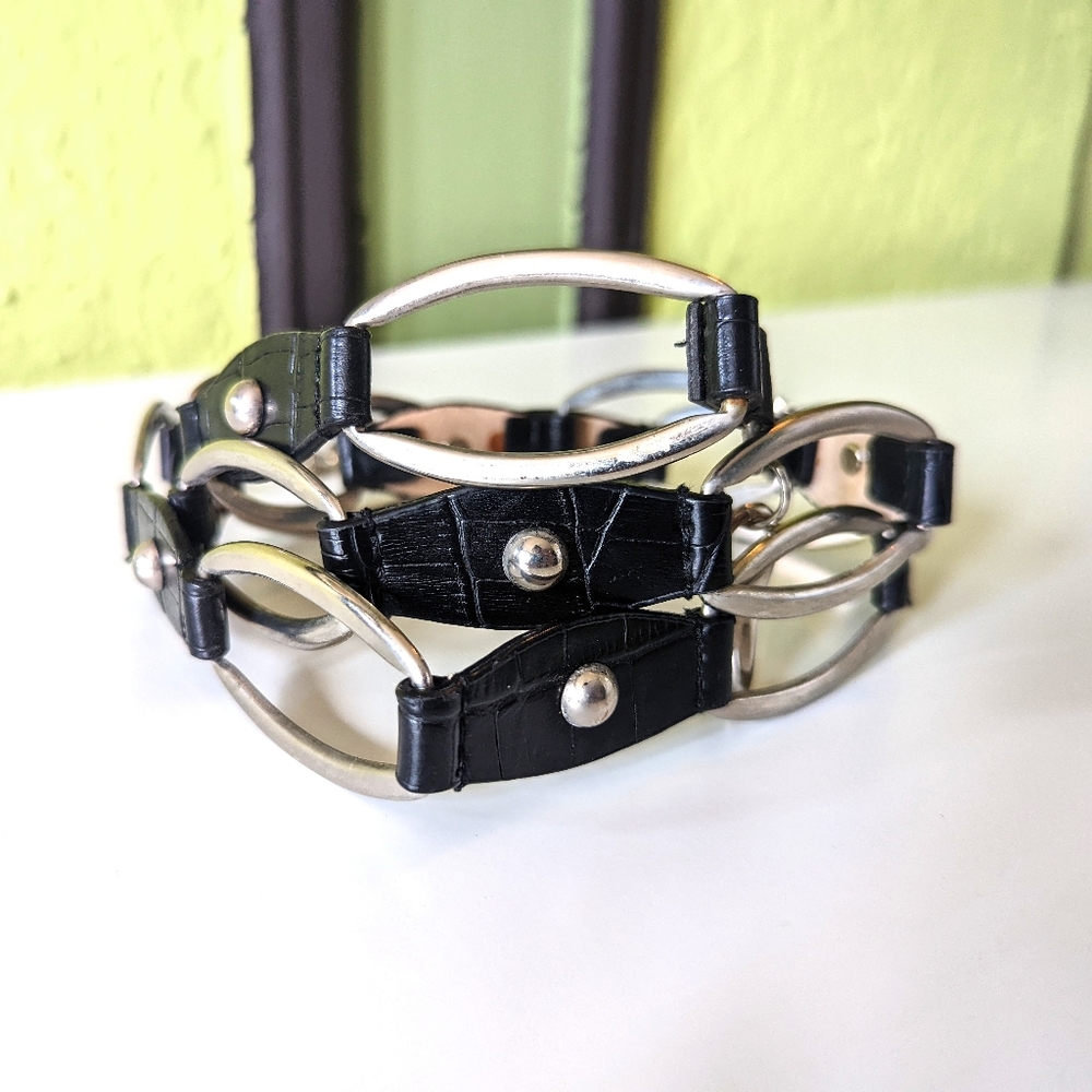 Black Leather and Silver Tone Metal Chain Y2K Statement Belt